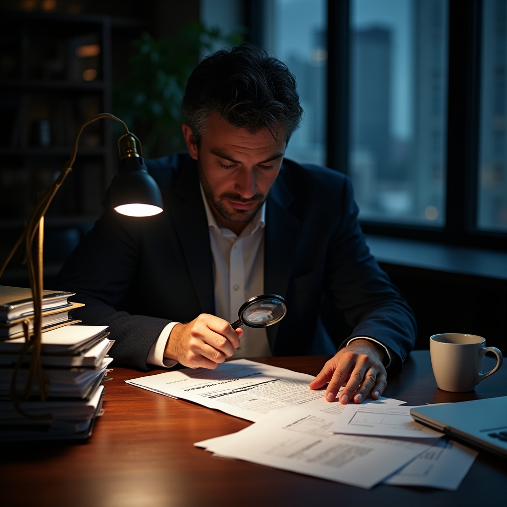 Юрист изучает юридические документы по делу о мошенничестве